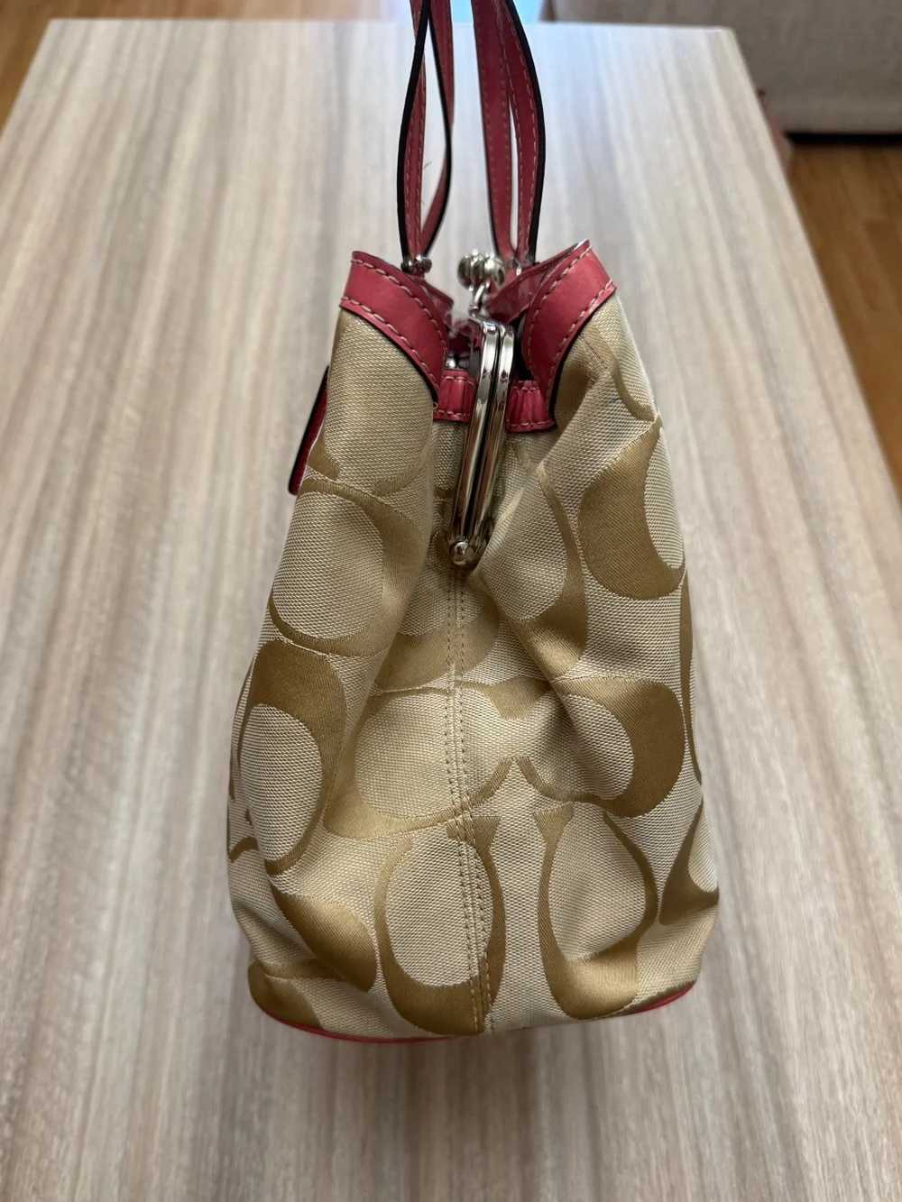 Y2K Coach Carryall Satchel Bag in Signature Canvas Khaki and Pink F19190